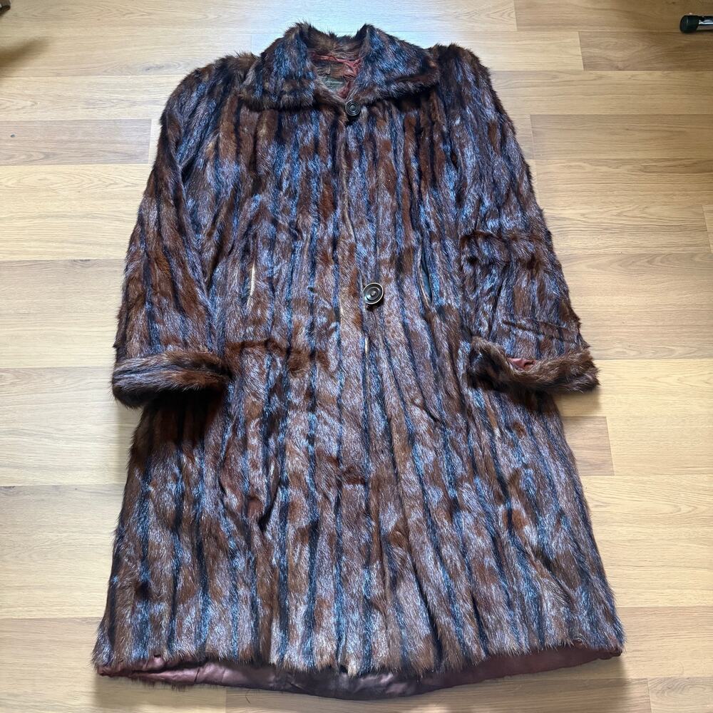 Women's Vintage 1950's Striped Brown Raccoon Fur Full Length Coat Jacket Sz L